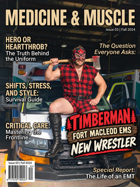 Medicine and Muscle magazine, Issue 03, Fall 2024. The Timberman on the cover, axe on his shoulder, sitting on the hood of an ambulance. Headline: Timberman, Fort Macleod EMS, New Wrestler.